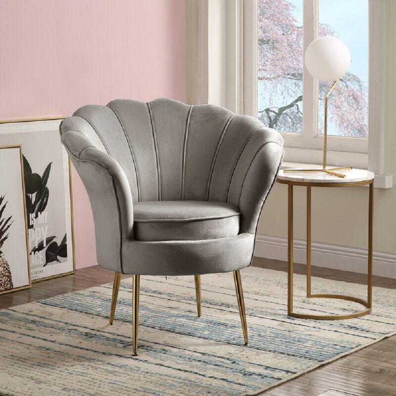Velvet Scalloped Back Barrel Accent Chair with Metal Legs in Gray