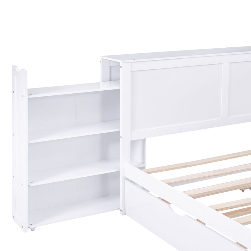 Space-Saving Platform Bed with Storage Shelves and Pull-Out Trundle