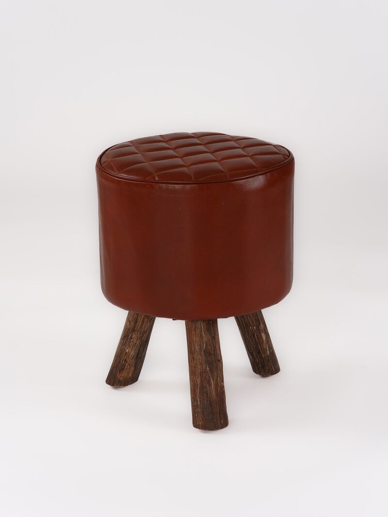 Handmade Eco-Friendly Geometric Buffalo Leather & Wood Black Round Ottomon Stool 18"X14"x14" From BBH Homes