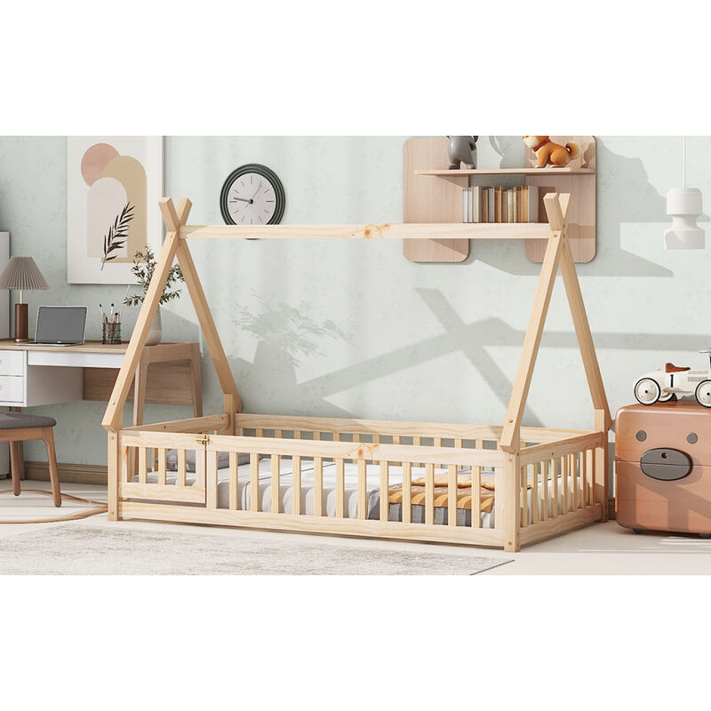 Twin Tentshaped Floor Bed, With Guardrails, Slats, Door, Natural