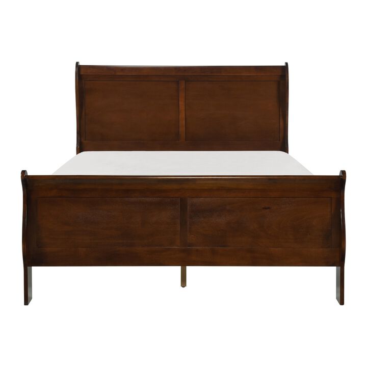 Gage Traditional Queen Sleigh Bed, Wood Frame, Rich Brown Cherry Finish-Benzara