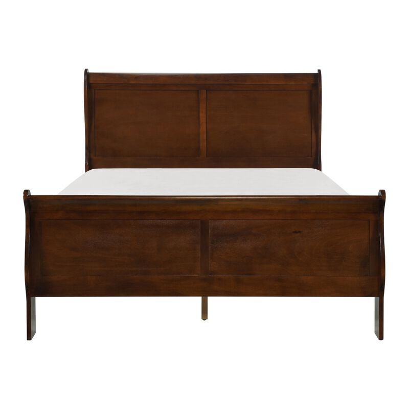 Gage Traditional Queen Sleigh Bed, Wood Frame, Rich Brown Cherry Finish-Benzara