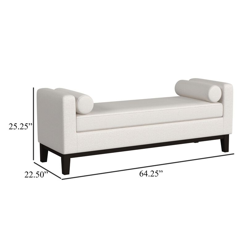 Rosana Accent Bench, Beige Fabric, 2 Round Bolster Pillows, 64 Inch - Benzara