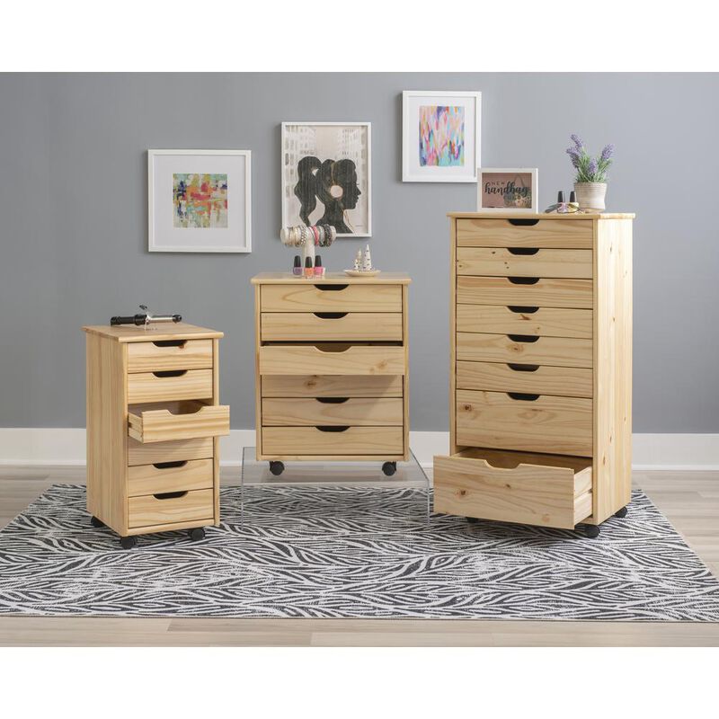 Linon Cary Six Drawer Rolling Storage Cart, Natural