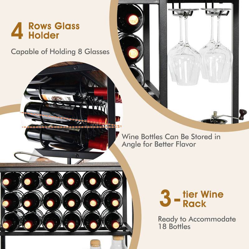 47 Inches Wine Rack Table with Glass Holder and Storage Shelves - Rustic Brown