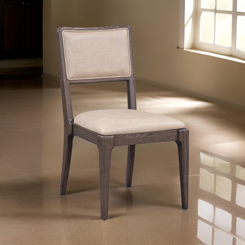 Ese 25 Inch Dinning Chair, Beige Real Leather, Open Style, Brown Solid Wood - Benzara