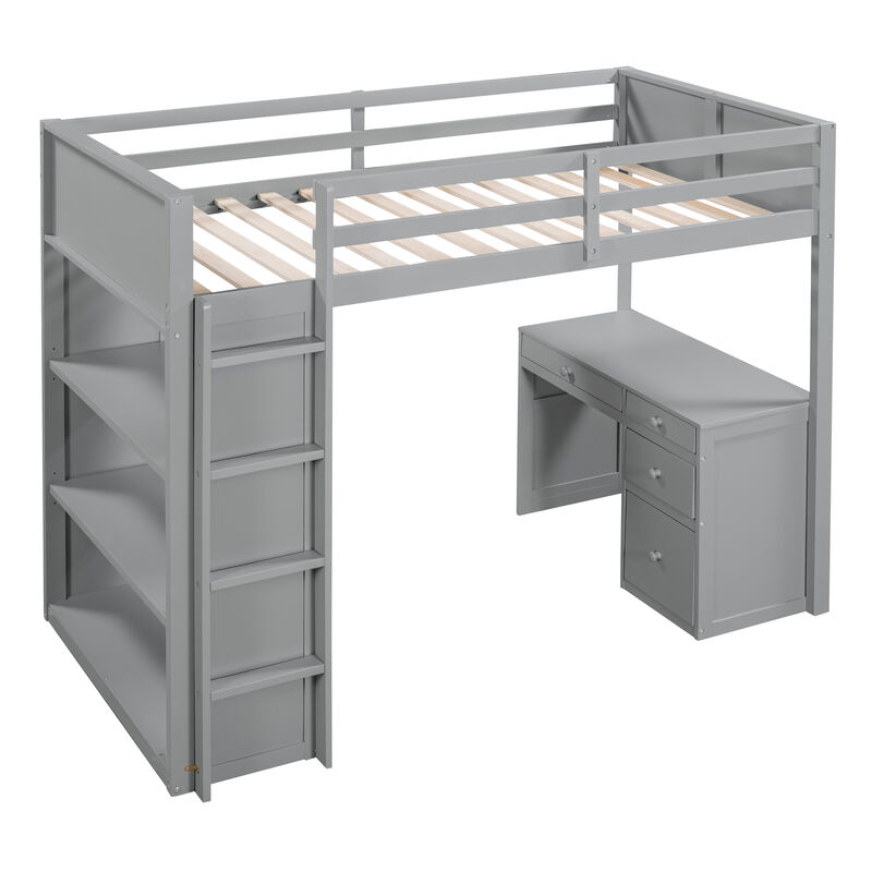 Loft Bed with Ladder Space-Saving Design with Built-In Shelves & Desk