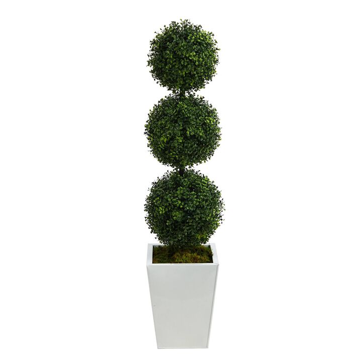 Nearly Natural 46-in Boxwood Triple Ball Topiary Tree in White Metal Planter
