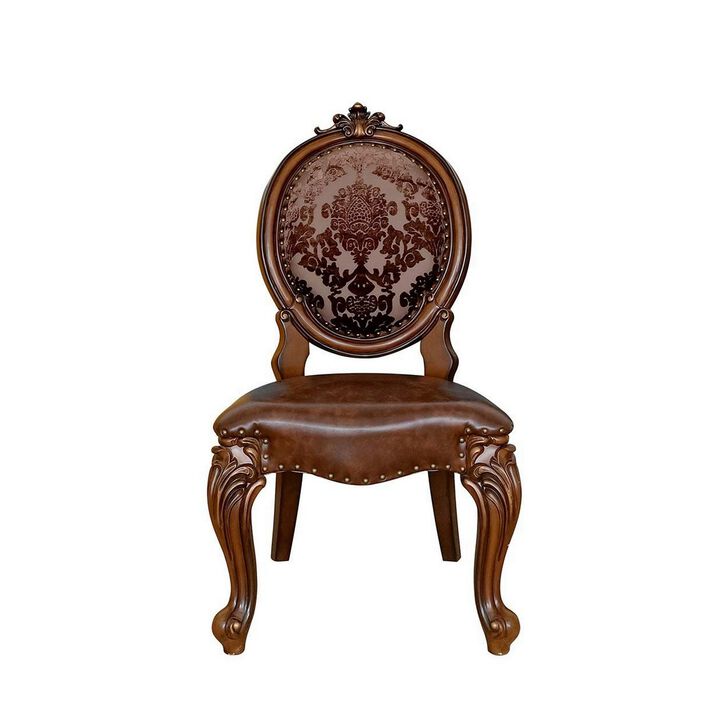 Kai 25 Inch Set of 2 Dining Chair, Scrolled Legs Tufted Faux Leather, Brown-Benzara