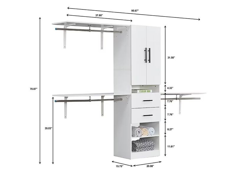 8ft Closet Organizers, Closet Storage system with 3 Shelf Towers, 2 Drawers, 2 Door White Free Standing Closet and Built in Closet Organizer Systems 95.6''Wx15.7''Dx70.8''H