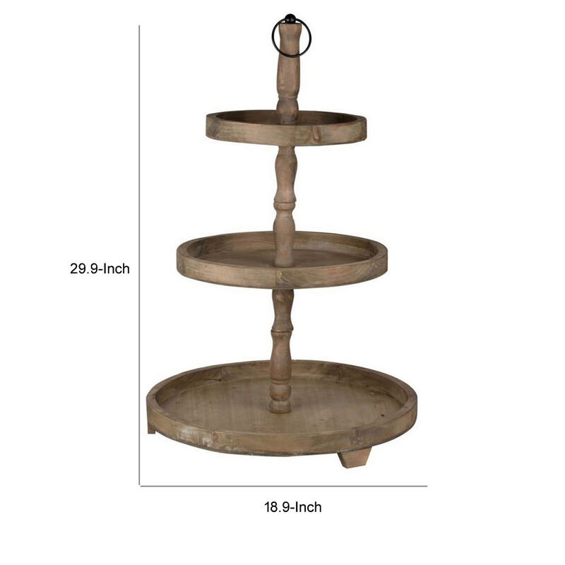 Zia 30 Inch 3 Tier Serving Tray, Flat Round Plates, Brown Fir Wood Finish - Benzara