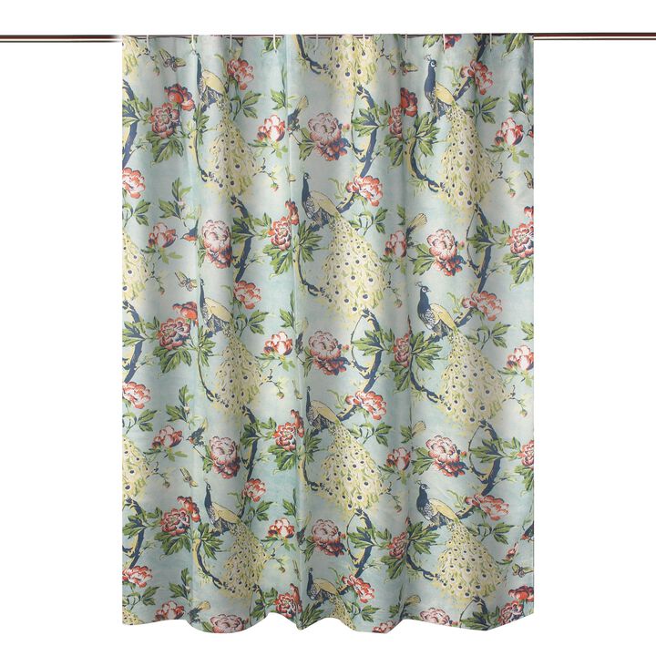 Eden 72 Inch Shower Curtain, Songbirds and Butterflies, Green Microfiber - Benzara