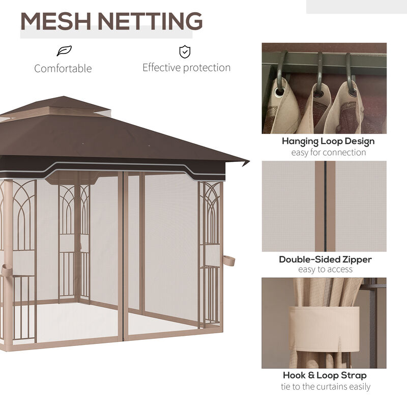 10' x 12' Patio Gazebo Outdoor Canopy Shelter w/ 2 Tier Roof, Brown