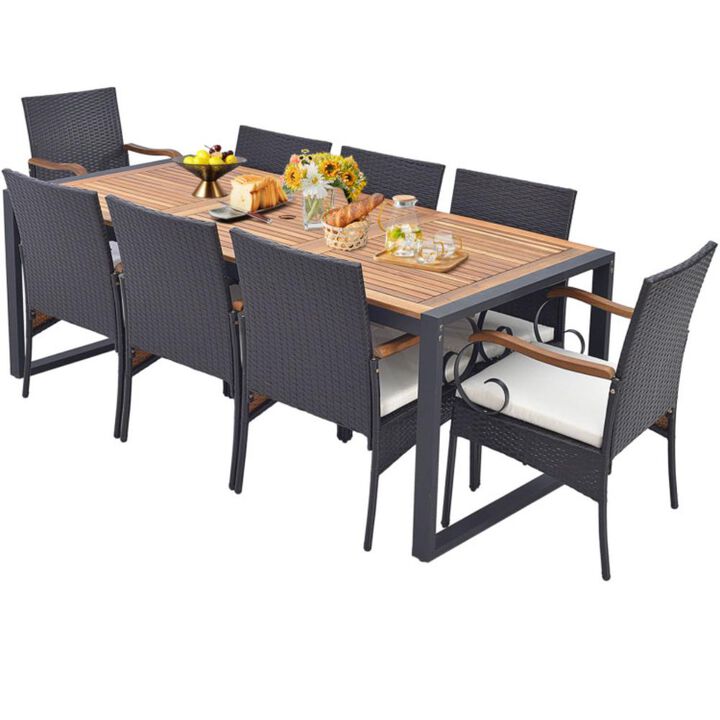 Hivvago 9 Pieces  Patio Rattan Dining Set with Acacia Wood Table for Backyard  Garden-Curved Handrail