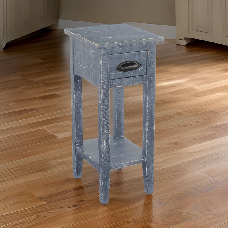 Rena Chairside Table with Drawer and Shelf, 14 Inch Blue Mahogany Wood - Benzara