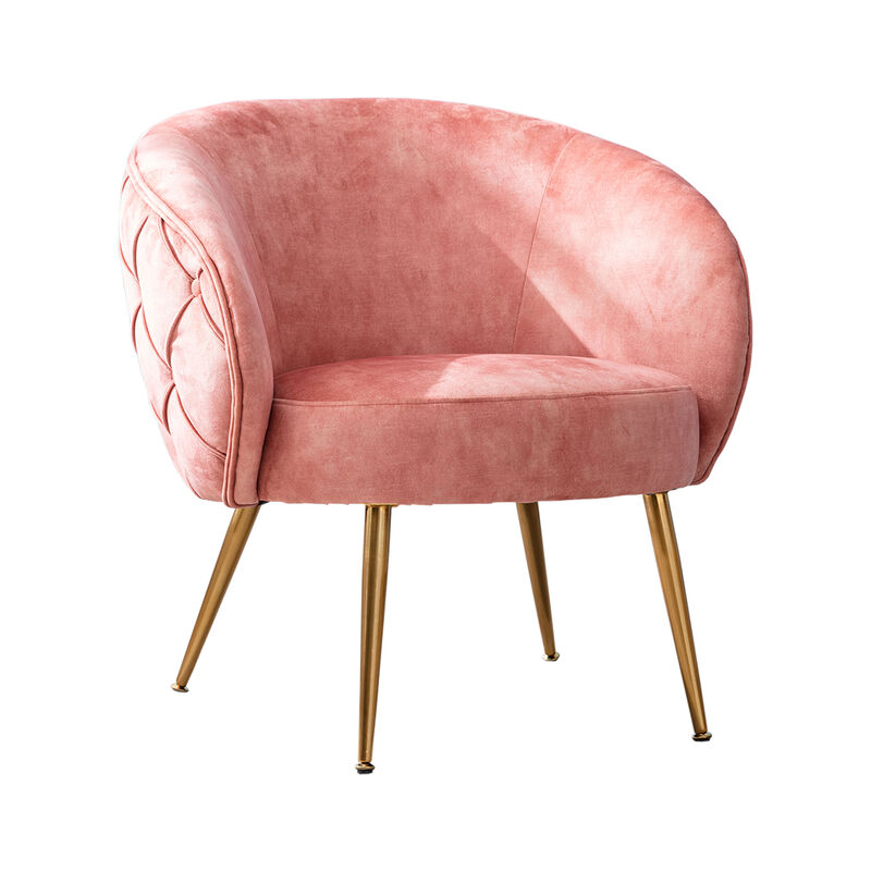 Anvi 30 Inch Accent Chair, Curved Back, Woven Diamond Pattern, Pink, Gold-Benzara