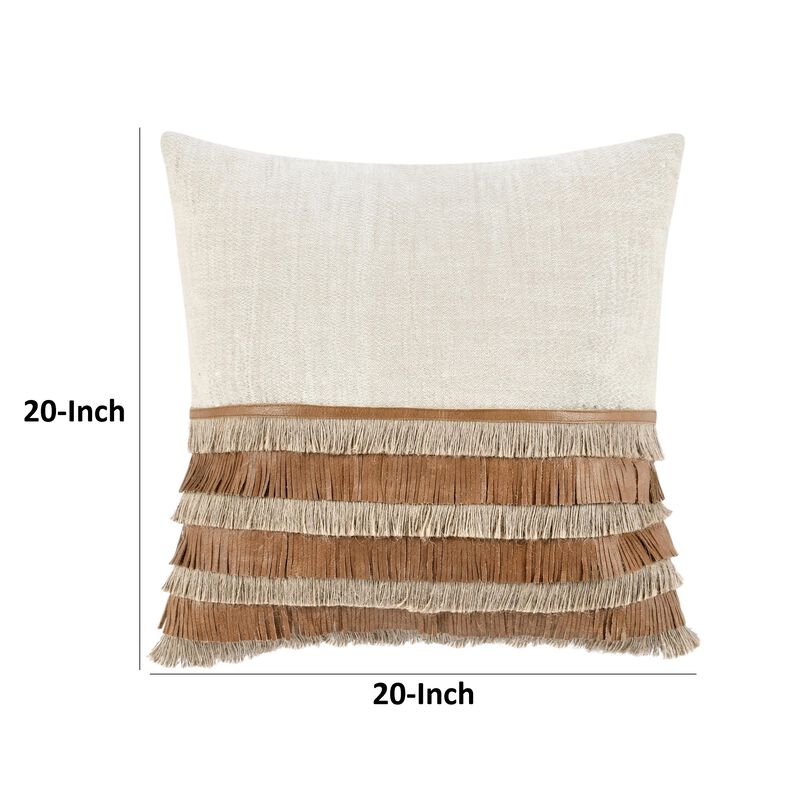 Accent Throw Pillow, Cotton Jute and Leather Fringe, 20 Inch Square - Benzara