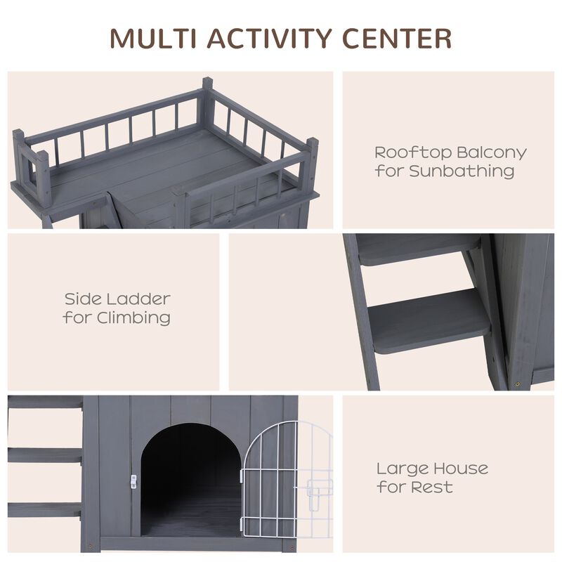 Grey Cat Castle: 2-Level Wooden Outdoor Shelter with Balcony