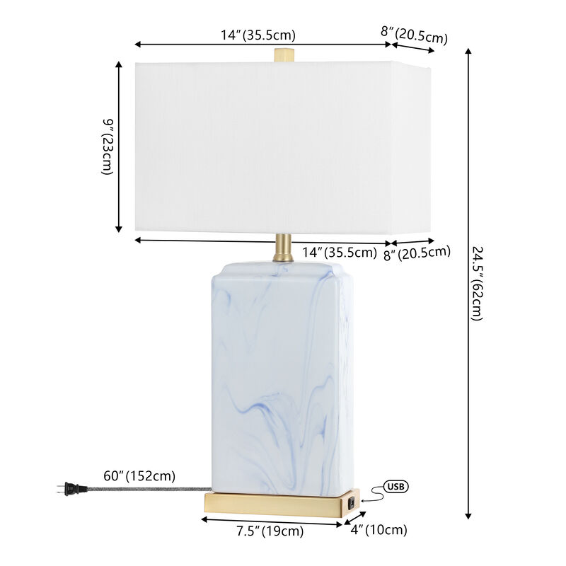 Chloe Modern Coastal Iron/Marbled Ceramic LED Table Lamp with USB Charging Port