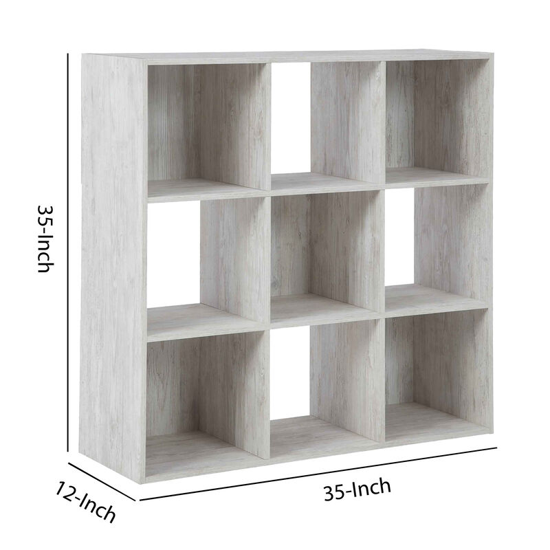 9 Cube Wooden Organizer with Grain Details, Washed White - Benzara