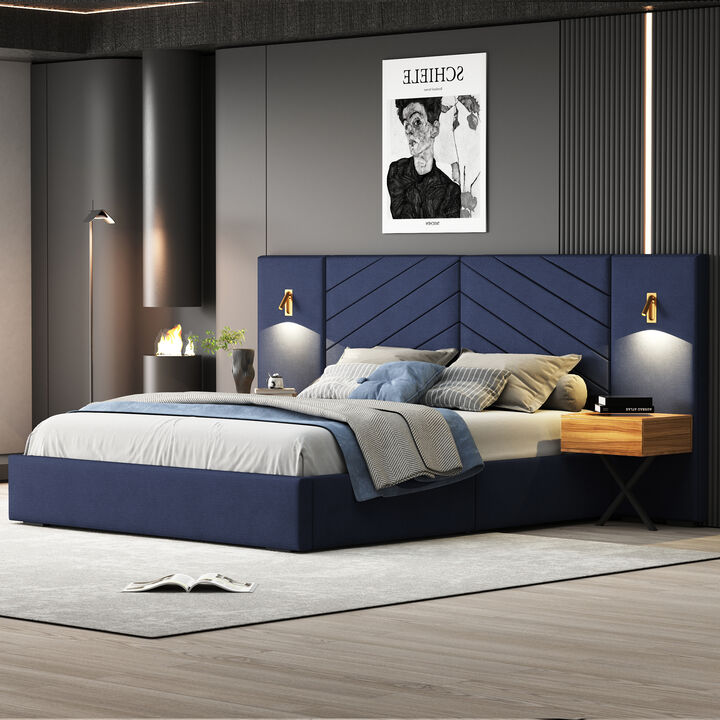 Streamdale Royal Blue Velvet Wingback Bed Frame - Queen Size