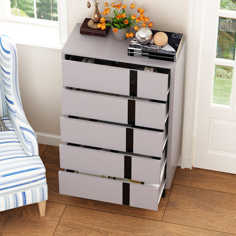 FUFU&GAGA Modern Gray Dresser with 5 Drawers, P2 MDF with Black Glass Accents (31.5" W x 47.2" H x 15.7" D), Gray