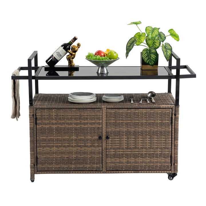 Outdoor Wicker Bar Cart with Glass Top