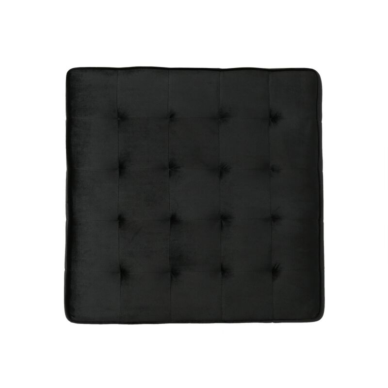 Ottoman, Tufted Soft Black Velvet, Iron Frame, Square 31 Inch Top - Benzara