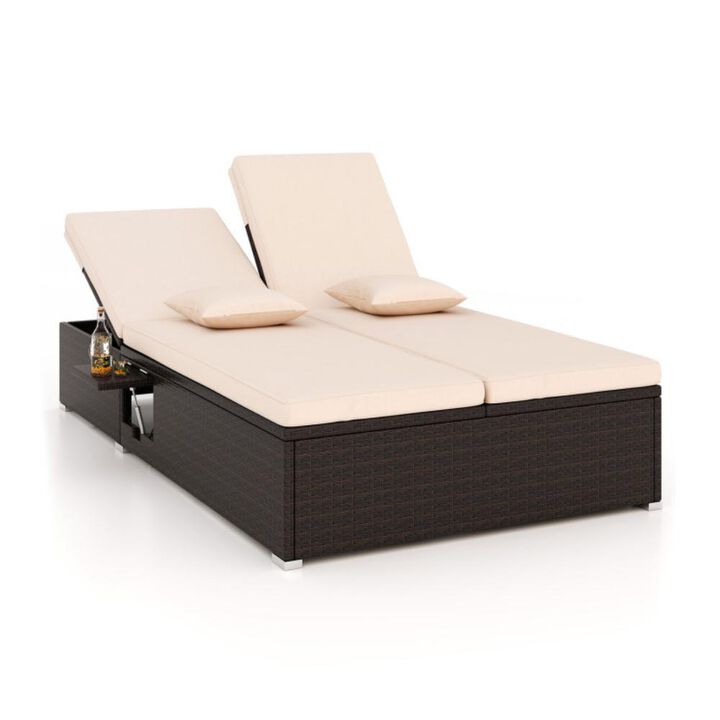Hivvago Patio Double Chaise Lounge with Cushions and Folding Side Trays-Beige