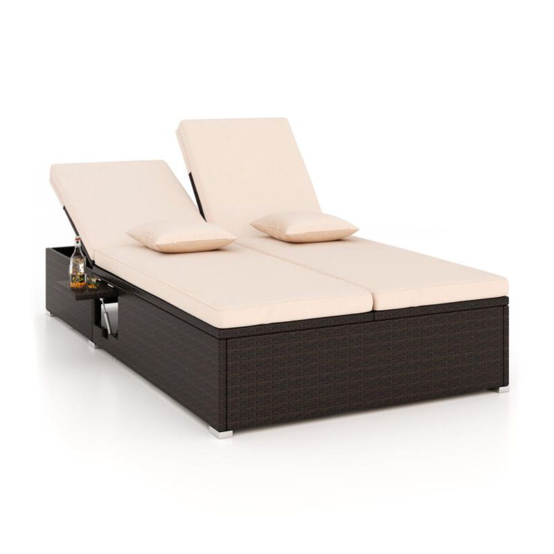 Hivvago Patio Double Chaise Lounge with Cushions and Folding Side Trays-Beige