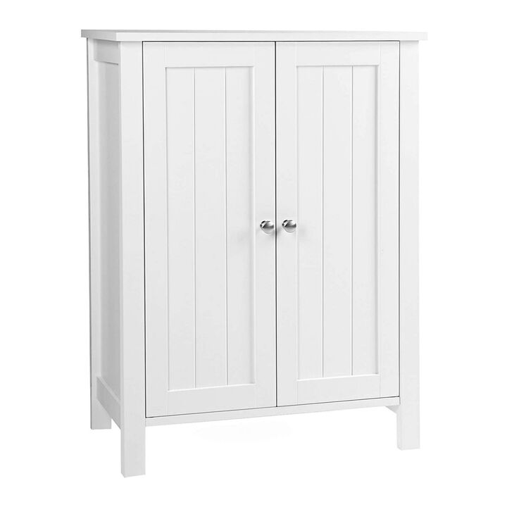 Deavan 31 Inch Wood Bathroom Storage Cabinet, 2 Doors, Plank Style, White - Benzara