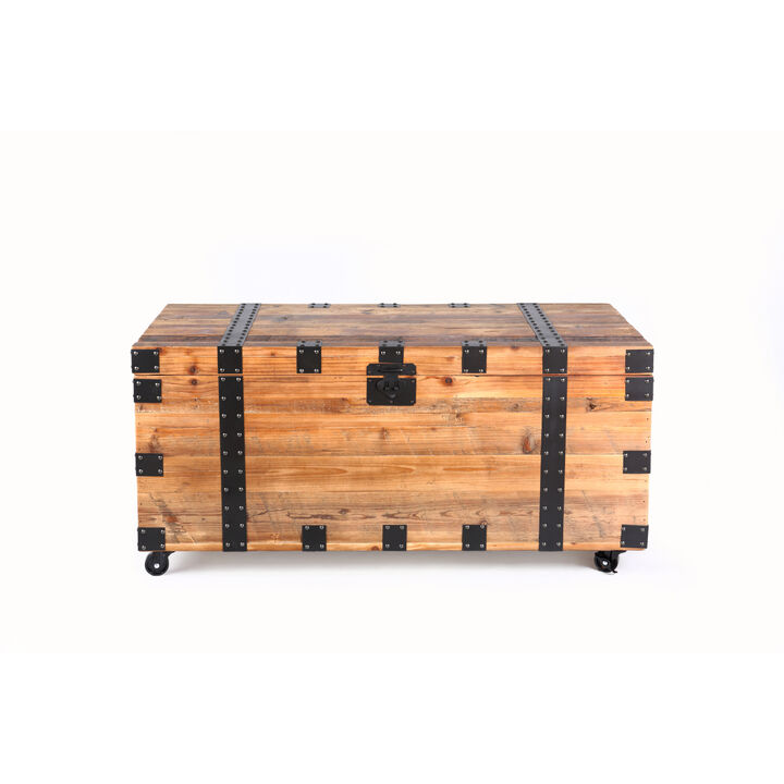 Trunk Table With Four Wheel Large Capacity Storage Coffee Table, Natural Reclaimed Wood Black Metal