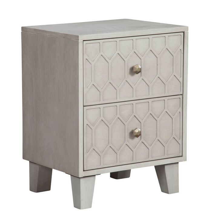 Rue 26 Inch 2 Drawer Nightstand, Textured Honeycomb Design, Light Gray-Benzara