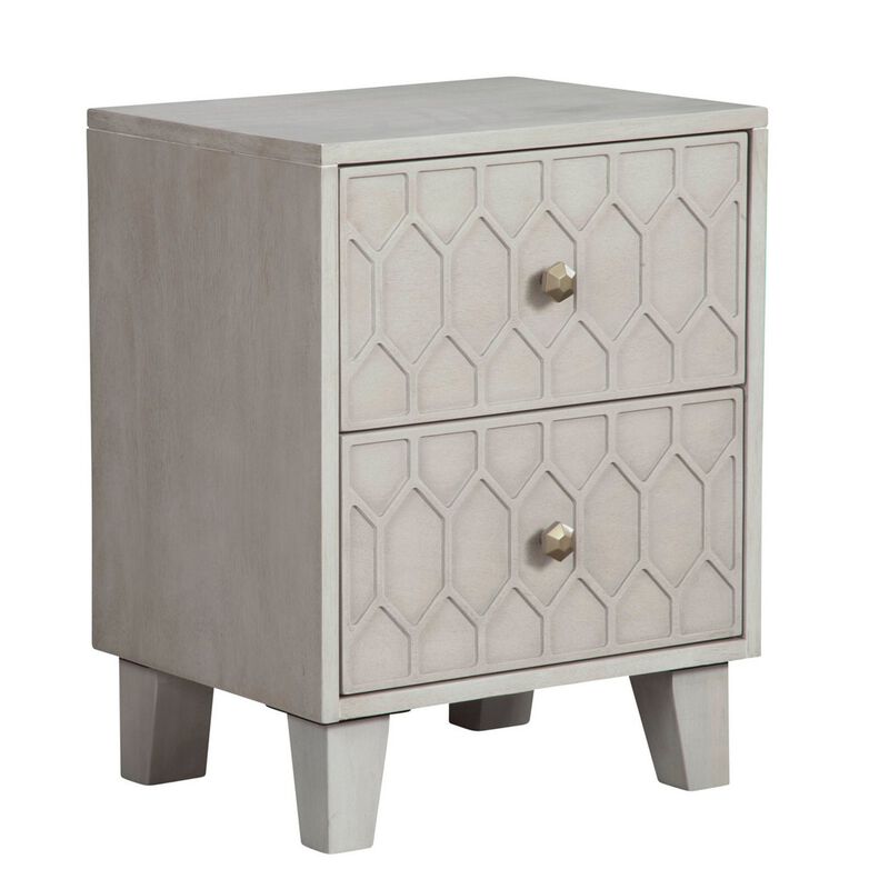 Rue 26 Inch 2 Drawer Nightstand, Textured Honeycomb Design, Light Gray-Benzara