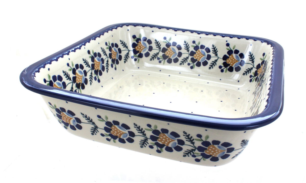 Blue Rose Polish Pottery Green Daisy Large Square Baker