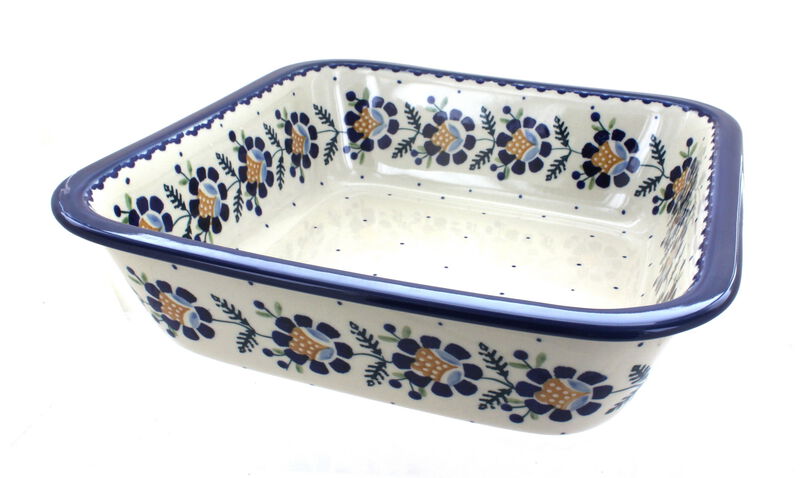 Blue Rose Polish Pottery Green Daisy Large Square Baker