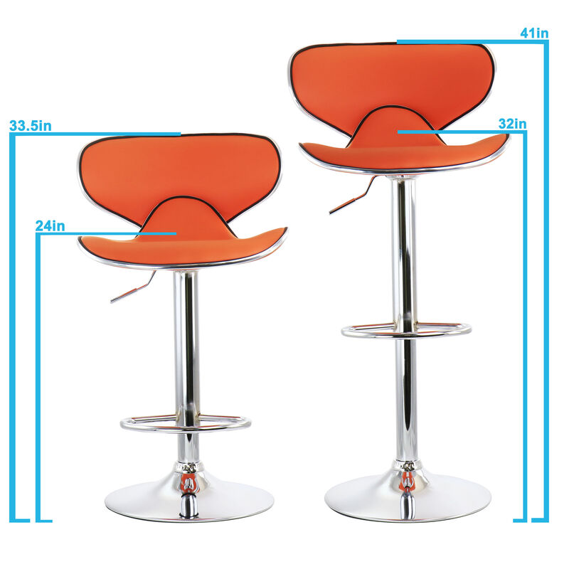 Elama 2 Piece Slim Faux Leather Adjustable Bar Stool in Orange with Chrome Base