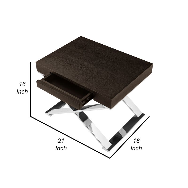 Rix 21 Inch Side End Table, 1 Drawer, X Steel Legs, Espresso Brown Wood - Benzara