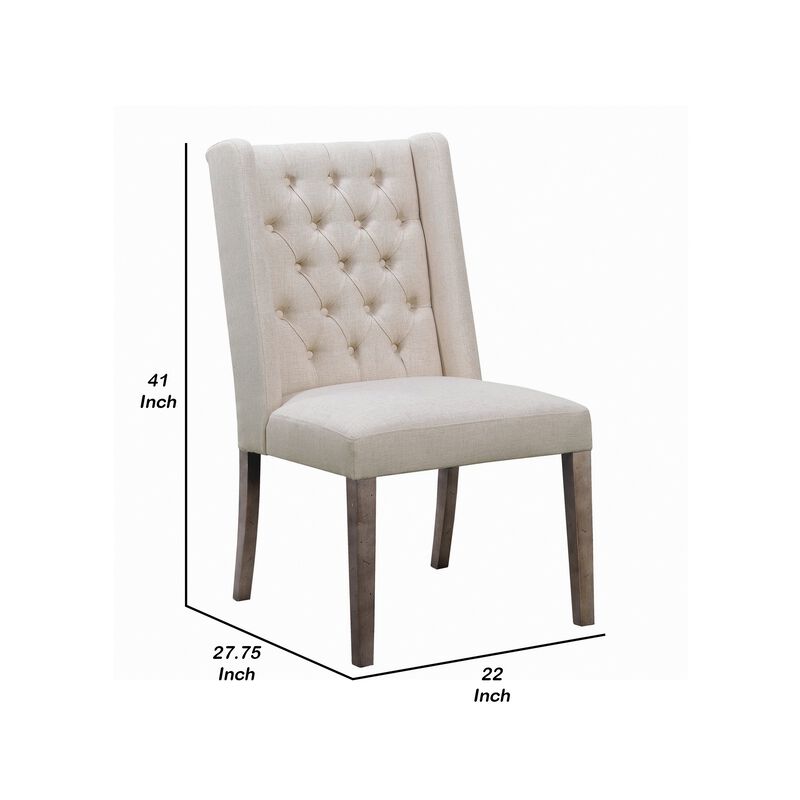 Neli 22 Inch Dining Chair, Set of 2, Wingback, Button Tufted, Beige Fabric-Benzara