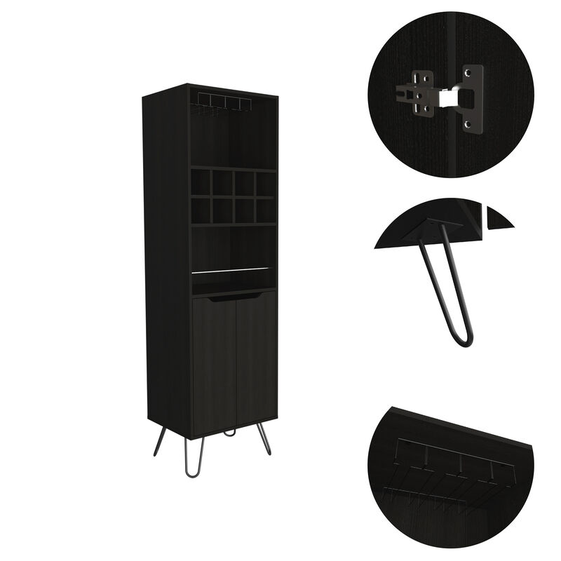 DEPOT E-SHOP Zamna H Bar Double Door Cabinet, Eight Built-in Wine Rack, Four Legs, Four Shelves, Black