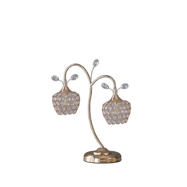 Floral Tree Design Metal Table Lamp with Dome Shade and Crystals, Gold-Benzara