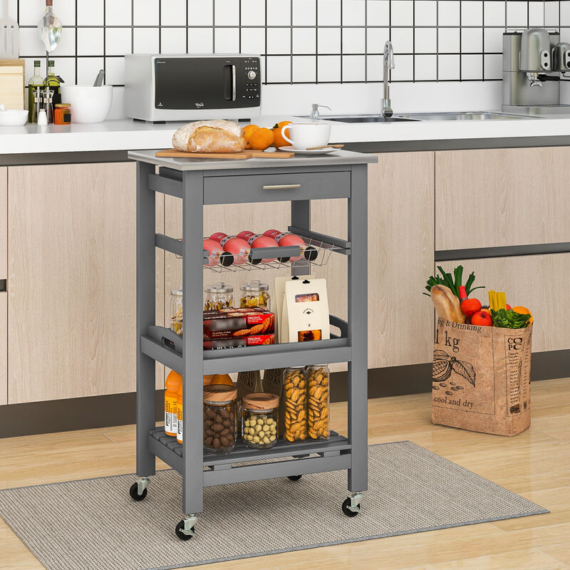 Kitchen Island Cart with Stainless Steel Tabletop and Basket