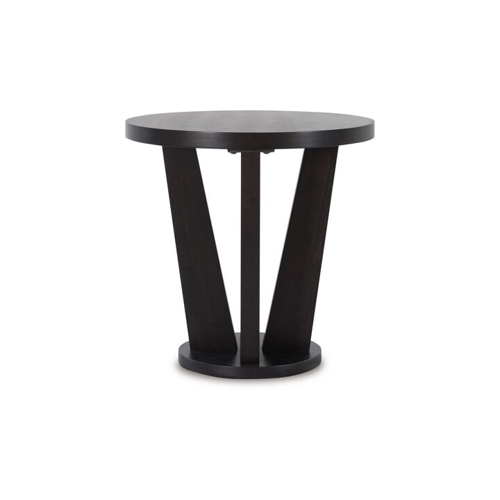 Chloe Side End Table, 24 Inch Round, Angled Pedestal Base, Dark Brown - Benzara