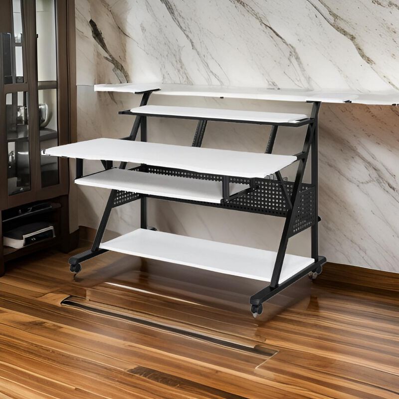 Gia 67 Inch Music Desk Workstation, Speaker Shelf, Keyboard Tray, White - Benzara