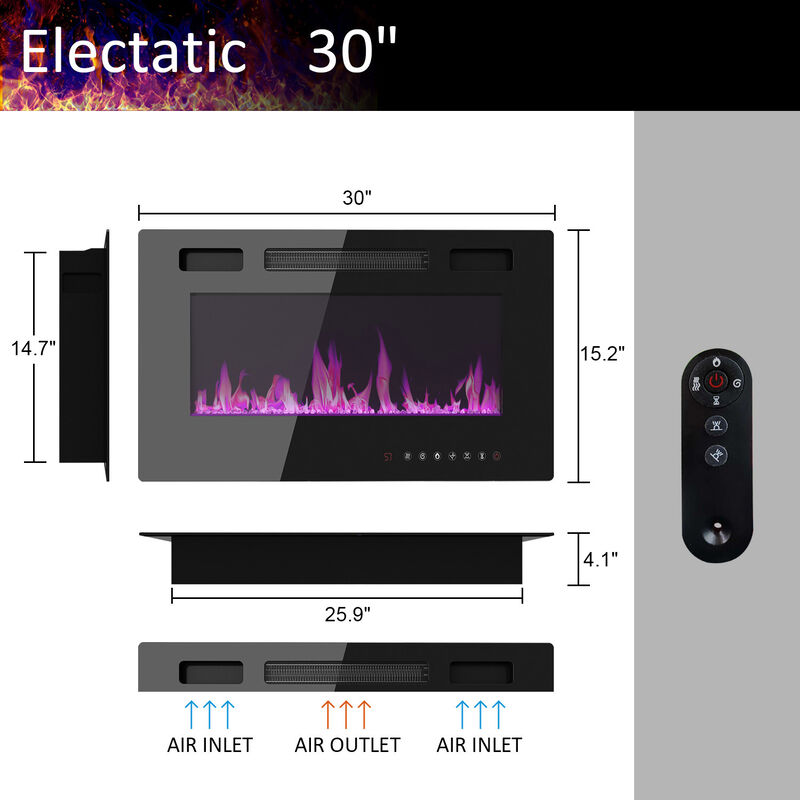 FUFU&GAGA Wall-Mount Electric Fireplace with Infrared Quartz, Remote Control Included, (30" W x 15.2" H x 4.1" D), Black
