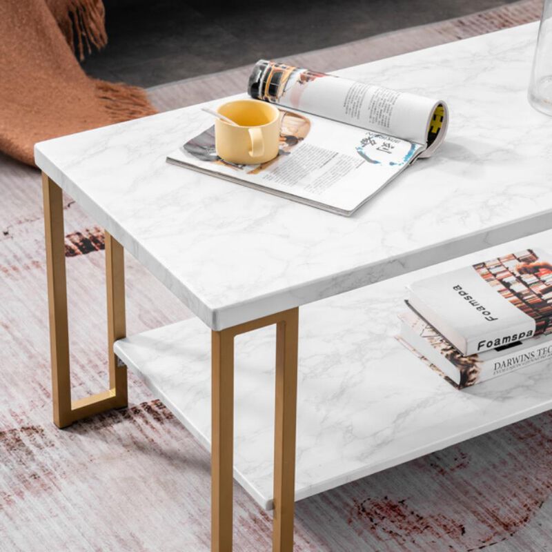 Double-Layer Golden Iron Pipe Marble PVC Coffee Table Rectangular Modern Living Room Table