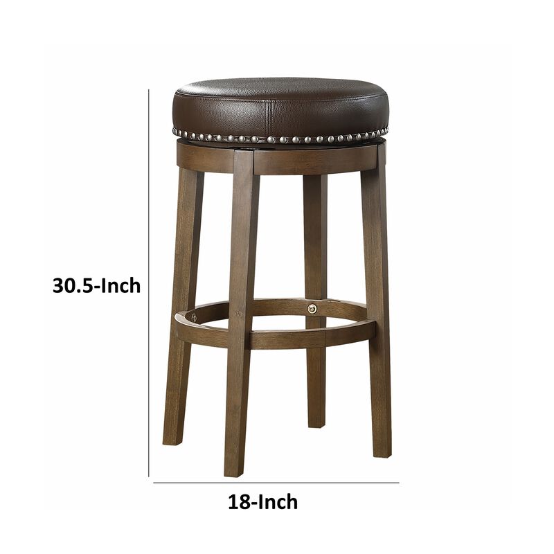 Bara 31 Inch Swivel Barstool, Brown Round Faux Leather Seat, Set of 2 - Benzara
