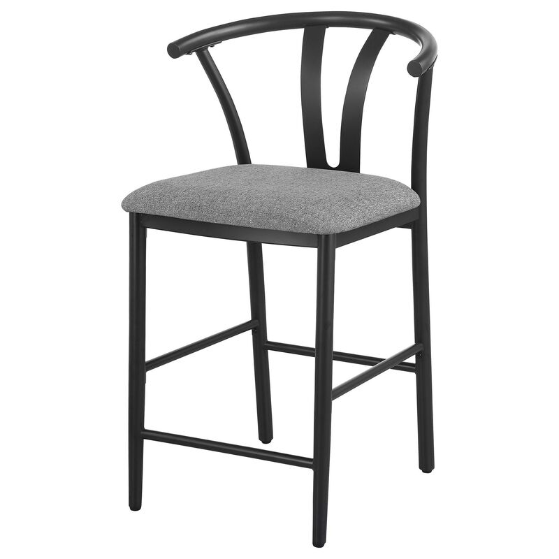 Dola Counter Height Chair Set of 2, Gray Fabric, Black Metal 25 Inch - Benzara