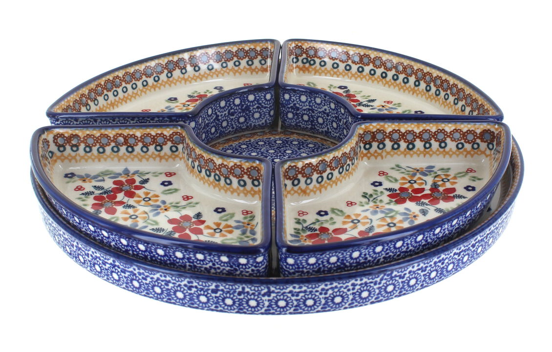 Blue Rose Polish Pottery Tulip Tray with 4 Plates