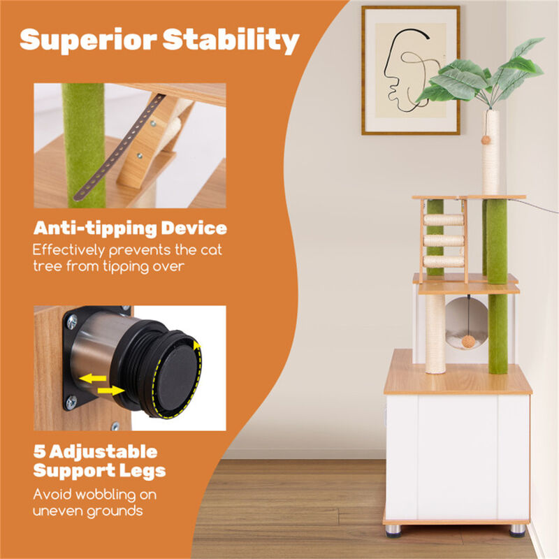 Multi-Level Cat Tree Tower with Scratching Posts, Perches, and Storage Cabinet for Cats
